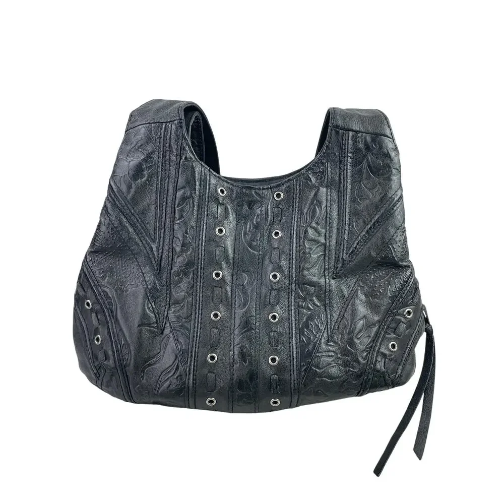 Cabin Creek Womens Black 100% Leather Studded Boho Shoulder Snap Hobo Handbag OS